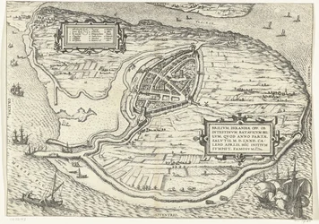 Kaart van het eiland Voorne en plattegrond van Brielle, 1572 Brillium, Holland opp. az egymás közötti holland háború miatt, amely az Üdvösség győzelmének évében, i.sz. 72. április melegében itt kezdte, híres (cím a tárgyon)