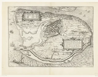Kaart van het eiland Voorne en plattegrond van Brielle, 1572 Brillium, Holland opp. az egymás közötti holland háború miatt, amely az Üdvösség győzelmének évében, i.sz. 72. április melegében itt kezdte, híres (cím a tárgyon)