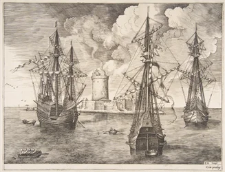 Négy mester és két három mester horgonyozva egy megerősített sziget közelében a The Sailing Ves-ből..., 1561-65.