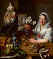 Scene de cuisine avec scene du Christ a Emmaus – Konyhai jelenet Krisztussal Emmausban, Snyders (Snijders), Frans (1579-1657). Olaj, vászon, 1615 és 1620 között. Mérete: 114,5x102 cm. Muzeul National Brukenthal, Nagyszeben
