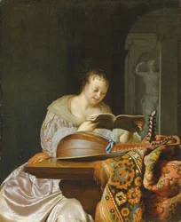 Belső tér egy nővel, aki zenét olvas egy részben terített asztalnál, kétfejű lanttal, 1671