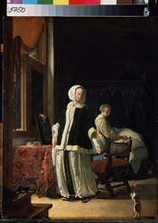 Egy fiatal nő reggele. (Egy ifjú hölgy reggele). Egy nő és a szobalánya kutyaelőzést figyel meg. Frans van Mieris de Oudere festménye, Frans Mieris az idősebb vagy az idősebb (1635-1681), 1660 körül. Olaj, fa. holland művészet, sty