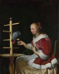 Egy vörös dzsekis nő papagájt etet, 1663 körül