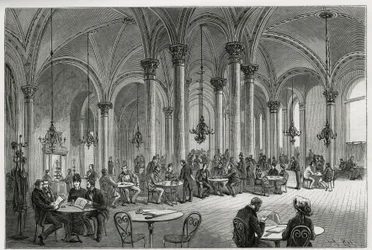 A központi kávézó Bécsben (Ausztria). Kollarz metszete, M. Newlinski Bécs és külvárosa című történetének illusztrálására, 1881-ben, a Tour du monde-ban jelent meg Edouard Charton (1807-1890) irányításával