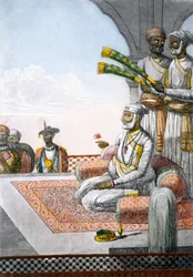Egy rádzsa kísérőivel, a „Les Hindous ou la Description de leurs Moeurs, Coutumes et Cérémonies” című műből, kiadva 1808-12