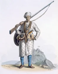 Behaleea vagy hindu katona, E. Orme „India jelmezei” című könyvéből, 1804 (színes rézkarc)