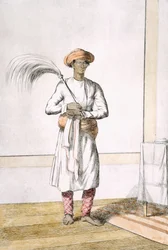 Habverő hordozó, "A hinduk, avagy viselkedésük, jelmezeik és szertartásaik leírása", 1808-1812 körül (színes rézkarc)