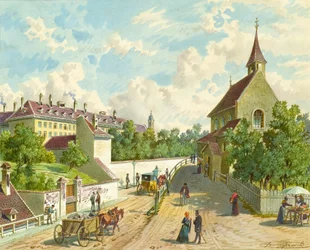 A bécsi Währinger Strasse a "Zum Blauen Herrgott" ellátóházzal és a "Krawoten-Kapelle"-vel