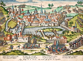 Pápisták ostrom alá veszik Poitiers-t, 1569. július, Franz Hogenberg (1535-1590) metszet, Vallásháborúk, Franciaország