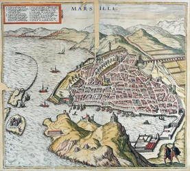 Marseille látképe a 16. században, balra lent a leprások kórháza, Georg Braun "Le Théâtre du Monde" című művéből, 1599.