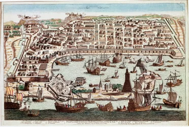 Messina városának kilátása Szicíliában – Franz Hogenberg (1535-1590) metszet a „Civitatis Orbis Terranum”-ból, Braun és Hogenberg – 1594 (Kilátás Messina városára, Szicília – Franz Hogenberg (1535-1590) metszete ) a „” Civitatis Hobis Terrantól