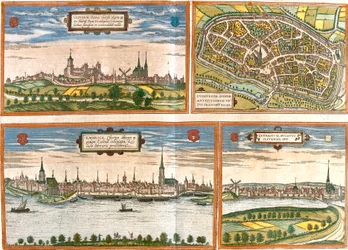 Cleves (Cliviam), Duisburg (Duisburgum), Emmerich am Rhein (Embrica) Németországban és Genappe belgiumi kilátásai és tervei (rézkarc