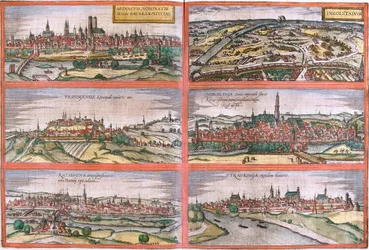 Kilátás Münchenre (Monacum) Ingolstadt (Ingolstadion), Freising (Frisingensis), Nordlingen (Nordlinga), Regensburg (Ratispona) és Straubing (Stravbinga), Németország (rézkarc)