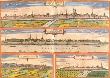 Neuss (Novesium), Bonn (Verona), Bruhl (Brula) és Zons (Sontina) kilátásai, Németország (rézkarc)