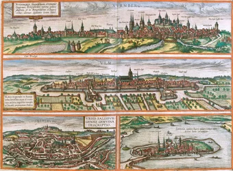 Nürnberg (Nurnberga), Ulm (Ulma), Lindau (Lindola), Németország és Salzburg (Salisburgensis) kilátásai Ausztriában (rézkarc