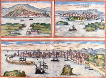Kilátás Sibenikre (Sibinium, Sibenicho), Porecre (Szülő, Szülők), Horvátországra és Modonra (Modona), Görögországra (rézkarc)