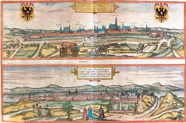 Bécs (Bécs), Ausztria és Budapest (Buda), Magyarország látképe (rézkarc