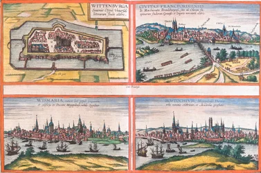Wittenburg (Wittenburga), Frankfurt (Francfordiensis), Wismar (Wismaria) és Rostock (Rostochium), Németország (rézkarc) kilátásai