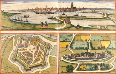 Dunkerque (Duynkercke), Gravelines (Grevelinge) és Bourbourg (Borborch) kilátása, Franciaország (rézkarc)