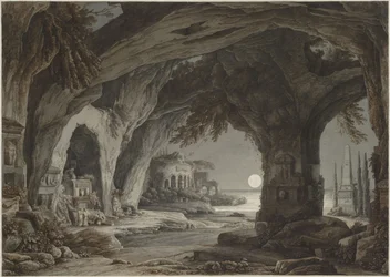 Ideális táj sziklabarlanggal, sírokkal és romokkal a holdfényben, kb. 1790.