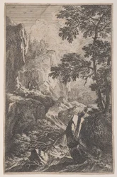 2. tábla: egy vadász fegyverével céloz, jobbra egy nagy szikla mellett térdel, egy ma..., kb. 1700-25.