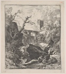 2. tábla: két alak ül egy fatörzsön egy patak partján az előtérben,..., kb. 1700-25.