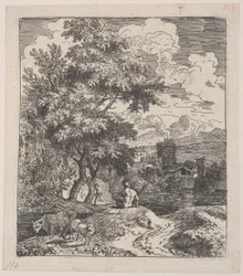 3. tábla: egy pásztor ül egy dombon, egy tehén és két bárány balra, és egy város Ri..., kb. 1700-25.