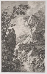 4. tábla: két halász a patak partján jobbra, vízesés középen, innen..., kb. 1700-25.