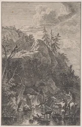 5. tábla: női alak lóháton és egy férfi alak kutyával egy szökkenőben..., kb. 1700-25.