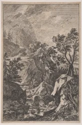 6. tábla: jobbra két férfialak egy sziklán, középen egy vízesés..., kb. 1700-25.