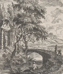 7. tábla: jobbra két alak, egy kőhídon átkelni készül, egy halász a for..., kb. 1700-25.