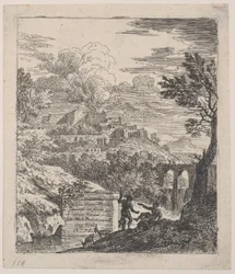 Két pásztor pihen egy talapzat mellett, jobbra a háttérben egy vízvezeték, egy..., kb. 1700-25.