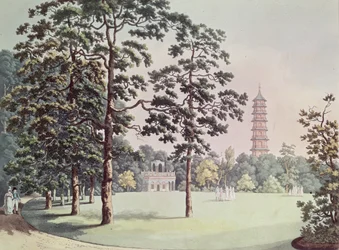Kilátás az Alhambra és Pagoda Kew Gardens-ben, Heinrich Joseph Schutz (1760-1822) metszetében, 1798 körül (akvatinta)