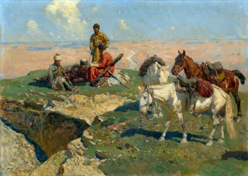 A kaukázusi harcosok megtorpanása – Franz Roubaud (1856-1928) festménye