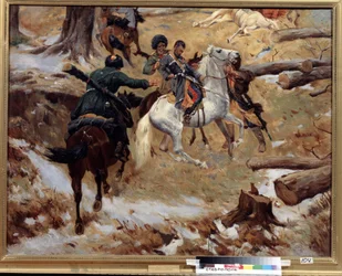 Nyikolaj Szlepcov (1815-1851) tábornok halála, akit a csecsenek harc közben öltek meg 1851. december 10-én a kaukázusi háború (a Kaukázus meghódítása) során Csecsenföldön. (Nikolaj Szlepcov vezérőrnagy meghalt egy csecsenföldi harc során