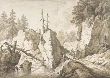Svájci hegyi táj egy patakon átívelő kis híddal, 1751-81.