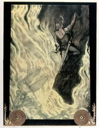 Siegfried és Locke, Richard Wagner (1813-83) „A niebelungok gyűrűjének” illusztrációja, 1914 előtt (színes litó)