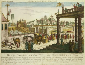 Namchas Place Lahore-ban, a Nagy Mogul arany trónját mutatja, Pakisztánban (akvatinta)