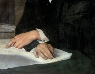 Karl Berckmuller (1800-1879) építész portréja, keresztbe tett kezek részlete a repülőn. Egyiküknél egy compas van. Franz Xaver Winterhalter festménye (1806-1873) Ec. Minden.