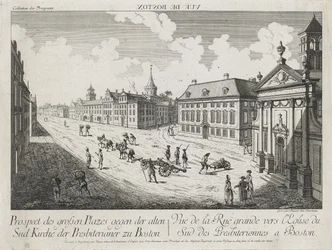 Vue d’Optique/Prospect des grossen Plazes gegen der Alten Sud Kirche der Presbiterianer zu Boston (Optikai nézet/nézet a nagy terekről a bostoni Old South Presbyterian Church felé), c. 1776 (rézkarc és metszet, fektetett papírra színezetlen)