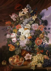 Gyümölcs és virág egy párkányon, tájjal. Franz Xaver Petter (1791-1866) festménye Magángyűjtemény.