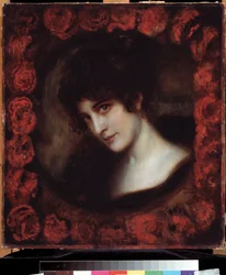 ""Női portré"" (Női portré) Fiatal, sötét hajú nő rózsákkal keretezett arccal. Franz Ritter von Stuck (1863-1928) festménye 20. század eleji Puskin Múzeum, Moszkva
