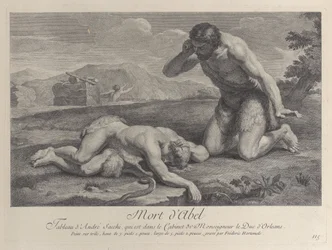 Ádám bánatában térdel Ábel teste mellett, míg Káin a háttérben menekül, kb. ..., kb. 1729.