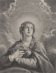 A Szűzanya, kezét a mellén összefonva, felfelé néz, 1729-40.