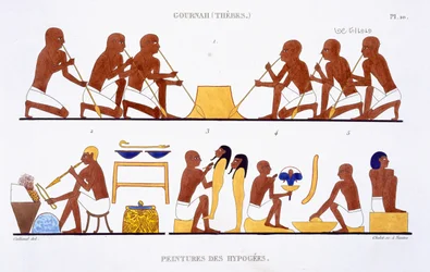 A fémmegmunkálás egy ritka thébai freskólemezből, amelyet Frederic Cailliaud (1787-1869) második egyiptomi látogatása alkalmával 1819-1822 között rögzített, színes litho