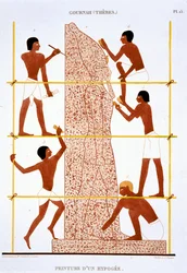 A kőfaragók kolosszális fáraószobrot készítenek a ritka thébai freskókról, 1819-1822 között, második egyiptomi látogatásán