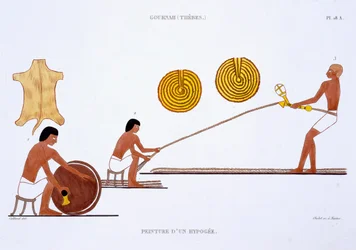 Tanner és Ropemaker egy ritka thébai freskólemezből Frederic Cailliaud (1787-1869) második egyiptomi látogatása alkalmával 1819-1822-ben rögzítették, színes litho