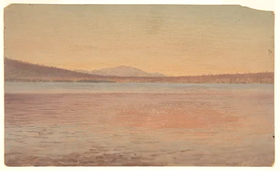 Távoli kilátás a Katahdin-hegyekre és az utazóra a Millinocket-tóról