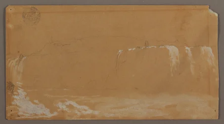 Rajz, Amerikai vízesés, Kecskesziget és a Patkó-vízesés egy része, a Niagara folyó kanadai partjáról nézve, valószínűleg 1858.
