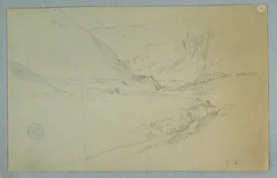 Rajz, Andok hegyi völgye kanyargó patakkal, Kolumbia vagy Ecuador, 1857